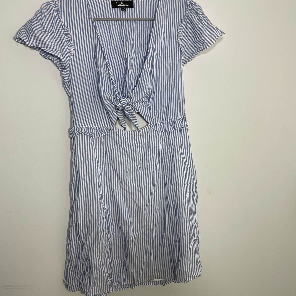 LULUS BLUE WHITE V-Neck Floral Skater Dress Mini Sleeveless - Picture 4 of 8